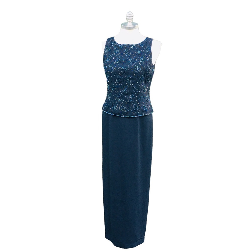 Vtg Figure Flattering iridescent Beaded Classic Black Formal Evening Gown Sz 10